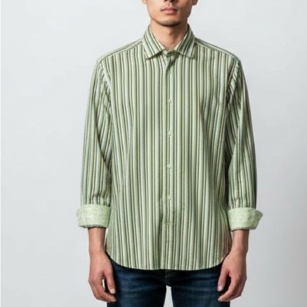 TAILORBRYD Striped Button Down Contrast Cuff Shirt in Green/White/Yellow Size XL